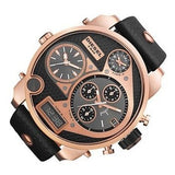 Diesel Big Daddy Gold & Black Dial Black Leather Strap Watch For Men - DZ7261 Buy Now By Diesel