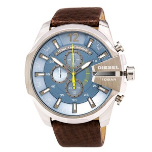 Diesel Mega Chief Chronograph Blue Dial Brown Leather Strap Watch For Men - DZ4281 Buy Now By Diesel