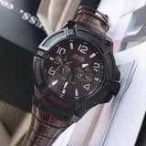 Guess Rigor Analog Quartz Black Dial Brown Leather Strap Watch For Men - W0040G2 Buy Now By Guess