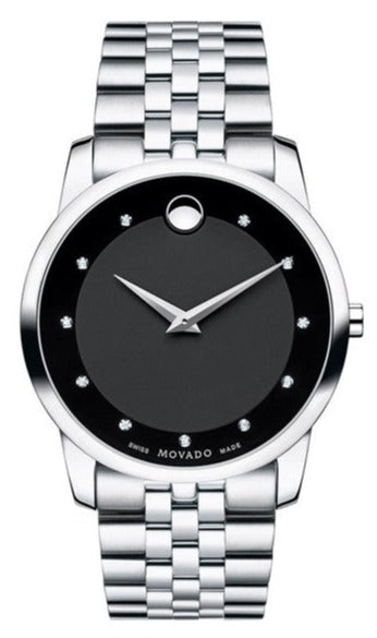 Movado Museum Diamonds Black Dial Silver Steel Strap Watch For Men - 606878 Buy Now By Movado