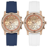 Guess Confetti Crystal Rose Gold Dial White Silicone Strap Watch For Women - W1098L5 Buy Now By Guess
