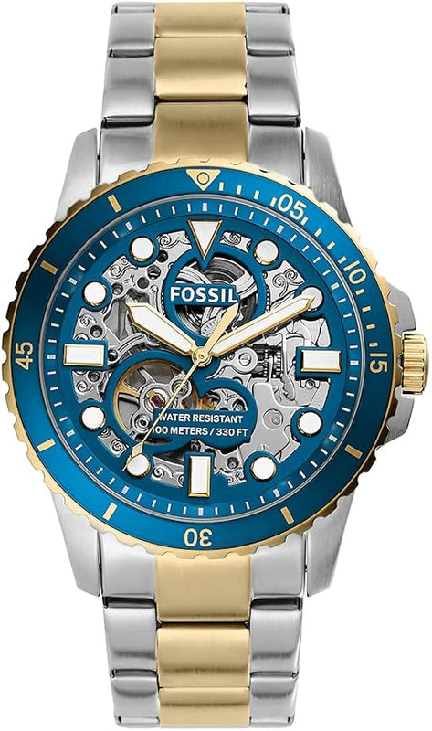 Fossil FB-01 Automatic Skeleton Blue Dial Two Tone Steel Strap Watch for Men - ME3191 Buy Now By Fossil