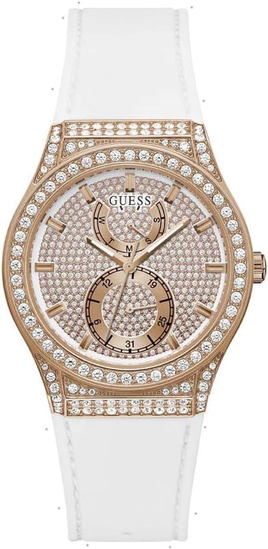 Guess Sport Multifunction Crystals Rose Gold Dial White Rubber Strap Watch For Women - GW0439L3 Buy Now By Guess