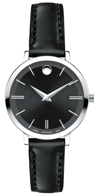 Movado Ultra Slim Black Dial Black Leather Strap Watch For Women - 0607094 Buy Now By Movado