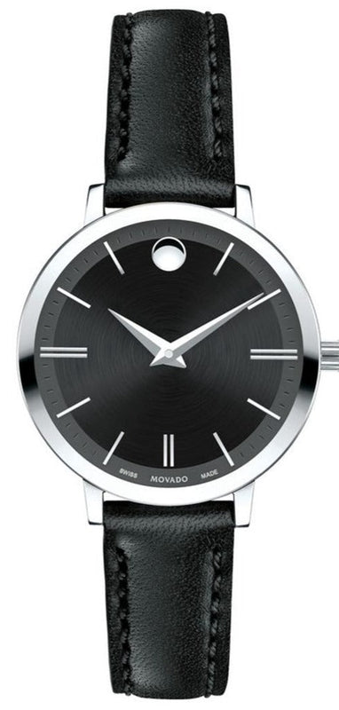 Movado Ultra Slim Black Dial Black Leather Strap Watch For Women - 0607094 Buy Now By Movado