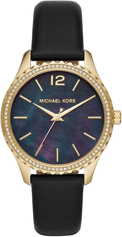 Michael Kors Layton Three Hand Mother of Pearl Black Dial Black Leather Strap Watch For Women - MK2911 Buy Now By Michael Kors