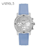 Guess Confetti Crystal Silver Dial Blue Rubber Strap Watch For Women - W1098L3 Buy Now By Guess