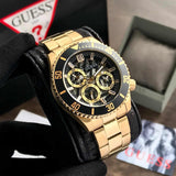 Guess Axle Multifunction Black Dial Gold Steel Strap Watch For Men - GW0488G2 Buy Now By Guess