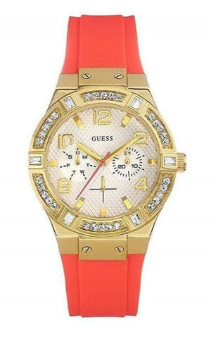 Guess Jet Setter Golden Dial Orange Rubber Watch For Women - W0564L2 Buy Now By Guess