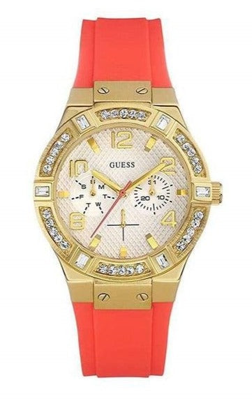 Guess Jet Setter Golden Dial Orange Rubber Watch For Women - W0564L2 Buy Now By Guess
