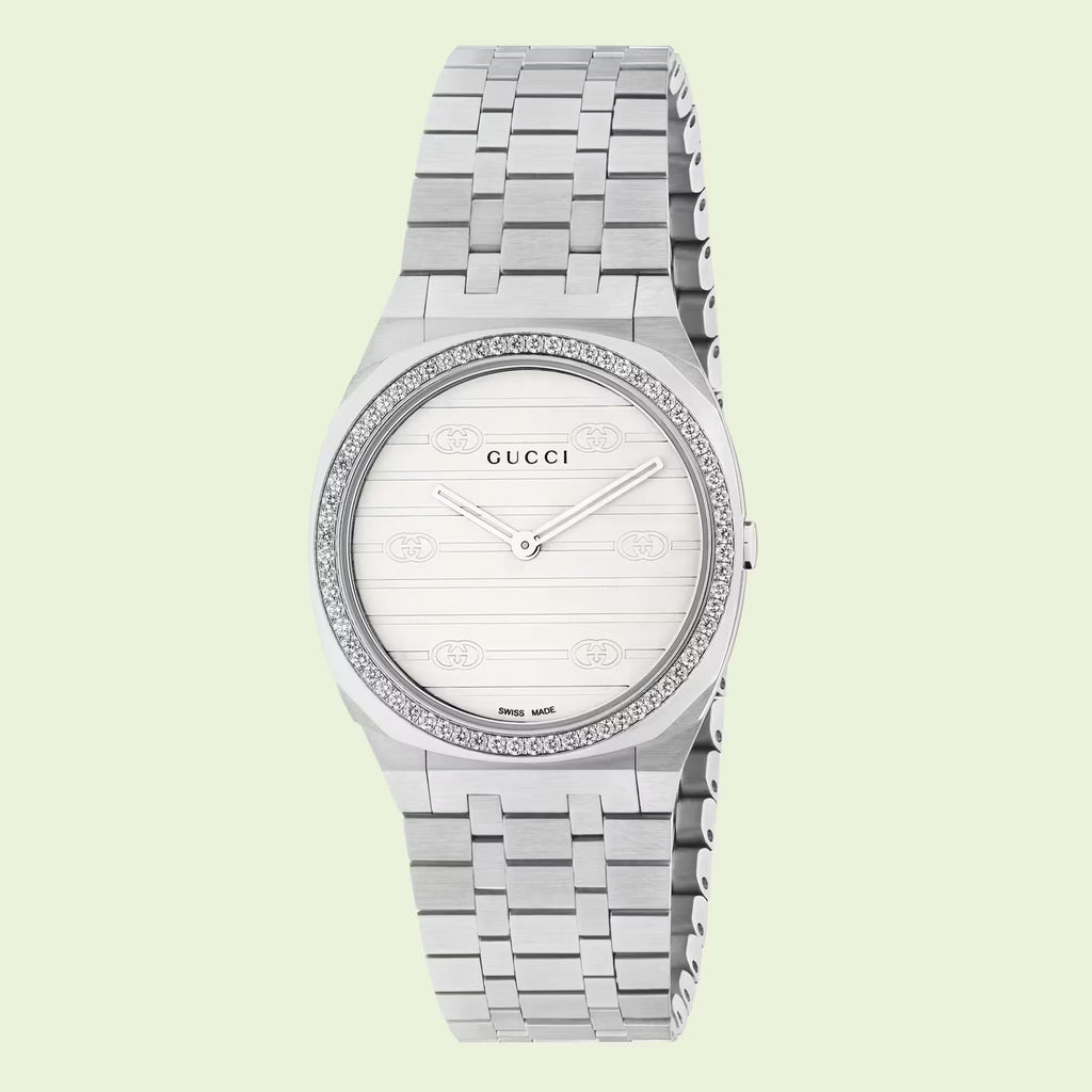 Gucci 25H Quartz Diamonds Silver Dial Silver Steel Strap Watch for Women - YA163401 Buy Now By Gucci