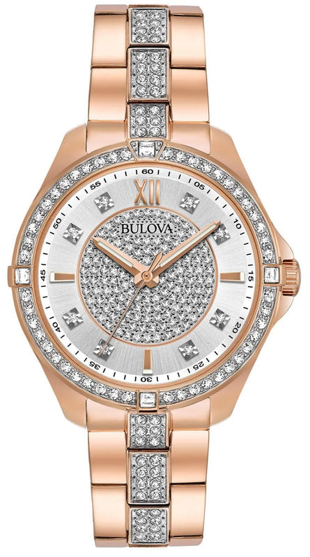 Bulova Crystal Collection Silver Dial Rose Gold Steel Strap Watch for Women - 98L229 Buy Now By Bulova