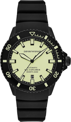 Emporio Armani Sea Explorer Automatic Yellow Dial Black Silicone Strap Watch For Men - AR60085 Buy Now By Emporio Armani