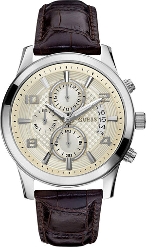 Guess Exec Chronograph White Dial Brown Leather Strap Watch For Men - W0076G2 Buy Now By Guess