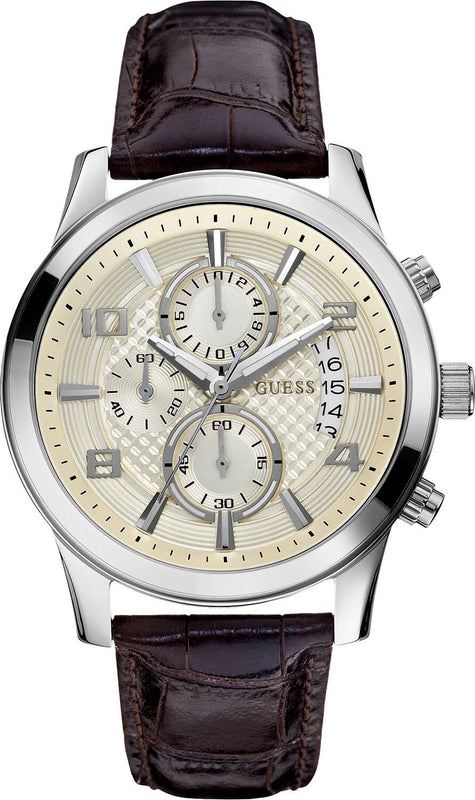 Guess Exec Chronograph White Dial Brown Leather Strap Watch For Men - W0076G2 Buy Now By Guess