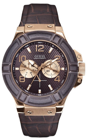 Guess Rigor Analog Brown Dial Brown Leather Strap Watch For Men - W0040G3 Buy Now By Guess