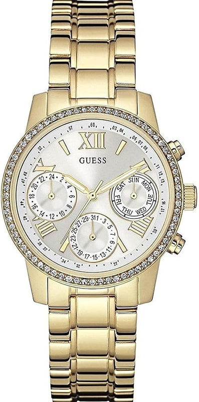 Guess Mini Sunrise Diamonds Silver Dial Gold Steel Strap Watch for Women - W0623L3 Buy Now By Guess