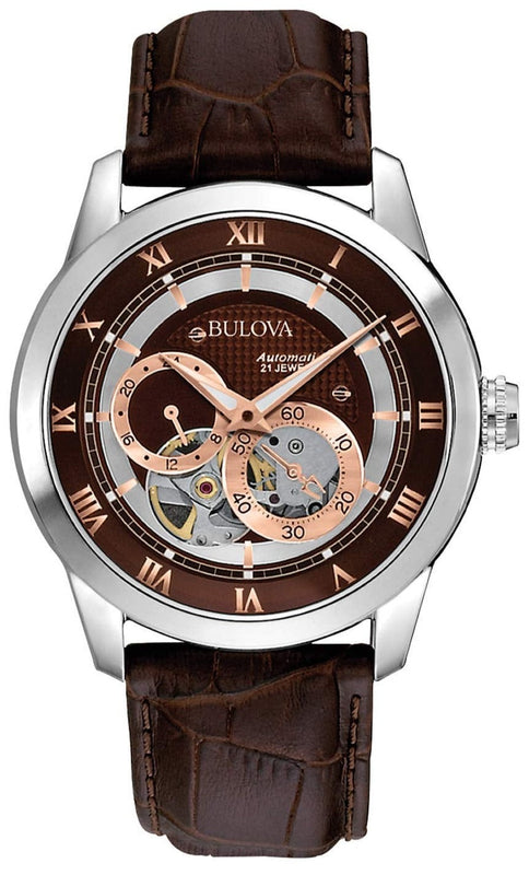 Bulova Classic Skeleton Automatic Brown Dial Brown Leather Strap Watch for Men - 96A120 Buy Now By Bulova