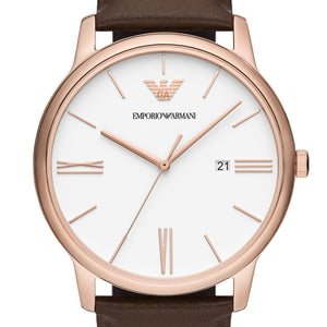Emporio Armani Minimalist Quartz White Dial Brown Leather Strap Watch For Men - AR11572 Buy Now By Emporio Armani