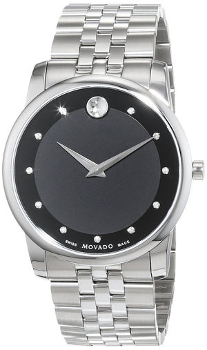 Movado Museum Diamonds Black Dial Silver Steel Strap Watch For Men - 606878 Buy Now By Movado