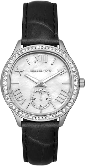 Michael Kors Sage Three-Hand Mother of Pearl White Dial Black Leather Strap Watch for Women - MK4821 Buy Now By Michael Kors