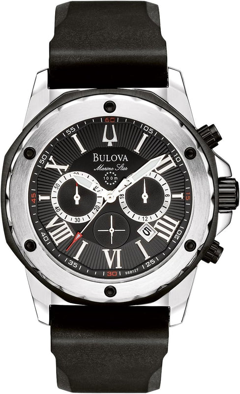 Bulova Marine Star Chronograph Black Dial Black Rubber Strap Watch for Men - 98B127 Buy Now By Bulova