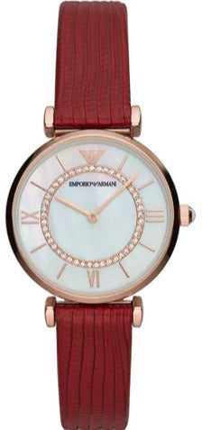 Emporio Armani Gianni T-Bar Analog Mother of Pearl Dial Red Leather Strap Watch For Women - AR11322 Buy Now By Emporio Armani