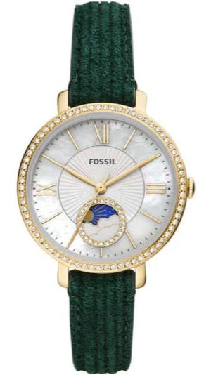 Fossil Jacqueline Multifunction Moonphase Mother of Pearl White Dial Green Leather Strap Watch for Women - ES5244 Buy Now By Fossil