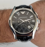 Emporio Armani Valente Chronograph Black Dial Black Leather Strap Watch For Men - AR1633