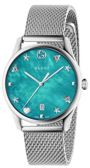 Gucci G-Timeless Turquiose Mother of Pearl Dial Silver Mesh Bracelet Watch For Women - YA1264039 Buy Now By Gucci
