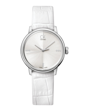 Calvin Klein Accent Silver Dial White Leather Strap Watch for Women - K2Y2Y1KW Buy Now By Calvin Klein