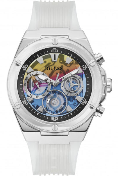 Guess Poseidon Chronograph Rainbow Dial White Silicone Strap Watch For Men - GW0425G4 Buy Now By Guess