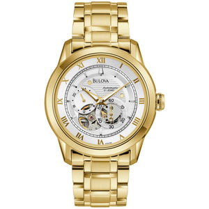 Bulova BVA Skeleton Silver Dial Gold Steel Strap Watch for Men - 97A108 Buy Now By Bulova