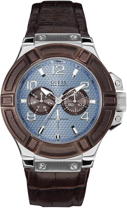 Guess Rigor Analogue Quartz Blue Dial Brown Leather Strap Watch For Men - W0040G10 Buy Now By Guess