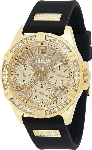 Guess Frontier Diamonds Gold Dial Black Rubber Strap Watch For Women - W1160L1 Buy Now By Guess