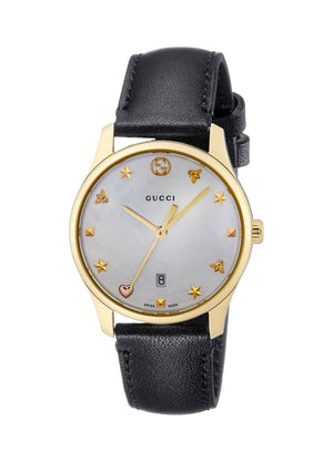 Gucci G-Timeless Mother of Pearl Dial Black Leather Strap Watch For Women - YA126589 Buy Now By Gucci