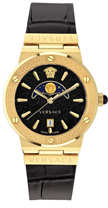 Versace Greca Moonphase Analog Black Dial Black Leather Strap Watch For Men - VE7G00123 Buy Now By Versace