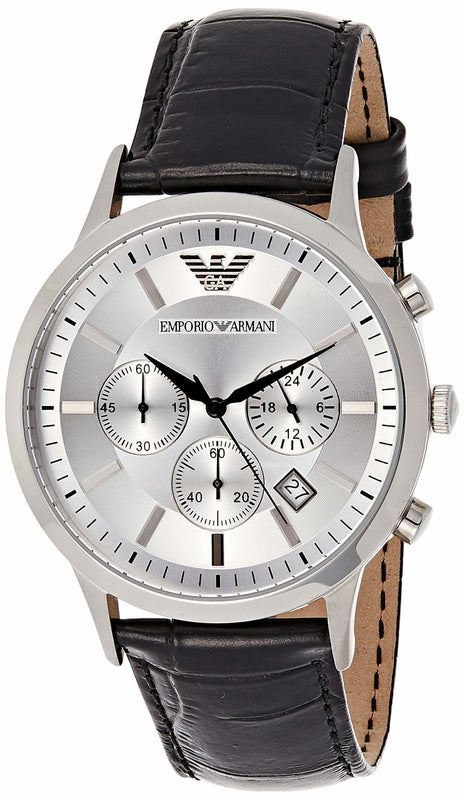 Emporio Armani Classic Chronograph Silver Dial Black Leather Strap Watch For Men - AR2432 Buy Now By Emporio Armani