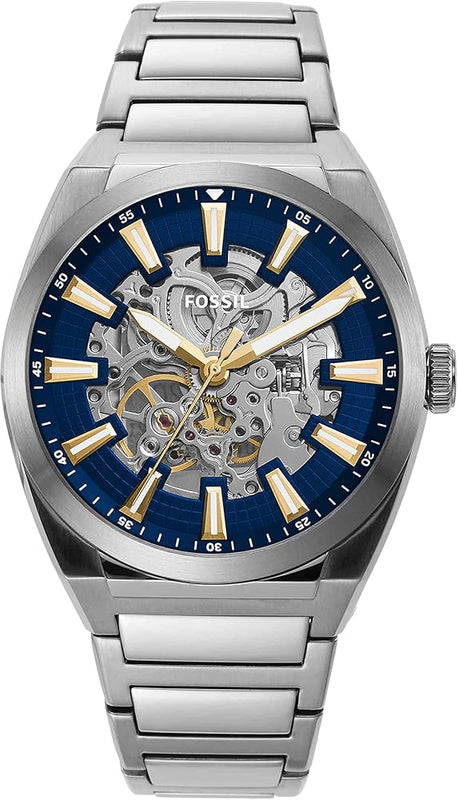 Fossil Everett Automatic Skeleton Blue Dial Silver Steel Strap Watch for Men - ME3220 Buy Now By Fossil