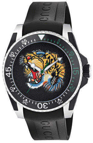 Gucci Dive Tiger Black Dial Black Rubber Strap Watch For Men - YA136318 Buy Now By Gucci