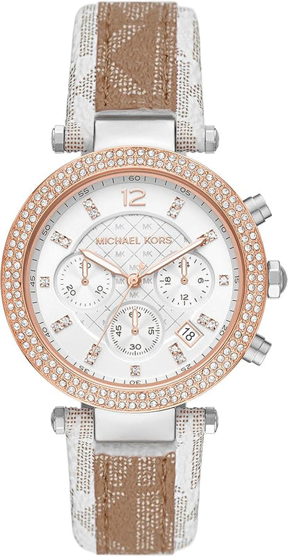 Michael Kors Parker Chronograph White Dial Two Tone Leather Strap Watch For Women - MK6950 Buy Now By Michael Kors