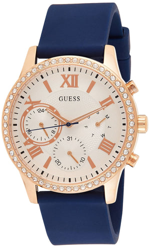 Guess Solar White Rose Gold Dial Blue Rubber Strap Watch For Women - W1135L3 Buy Now By Guess