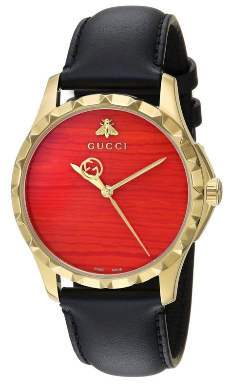 Gucci G Timeless Coral Red Dial Black Leather Strap Watch For Men - YA126464 Buy Now By Gucci