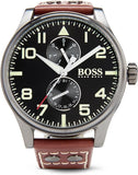 Hugo Boss Aeroliner Day Date Black Dial Brown Leather Strap Watch For Men - HB1513079 Buy Now By Hugo Boss