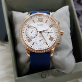 Guess Solar White Rose Gold Dial Blue Rubber Strap Watch For Women - W1135L3 Buy Now By Guess