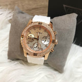 Guess Confetti Crystal Rose Gold Dial White Silicone Strap Watch For Women - W1098L5 Buy Now By Guess