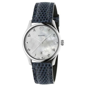 Gucci G-Timeless Signature Mother of Pearl Silver Dial Blue Leather Strap Watch For Women - YA1264049 Buy Now By Gucci