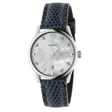 Gucci G-Timeless Signature Mother of Pearl Silver Dial Blue Leather Strap Watch For Women - YA1264049 Buy Now By Gucci
