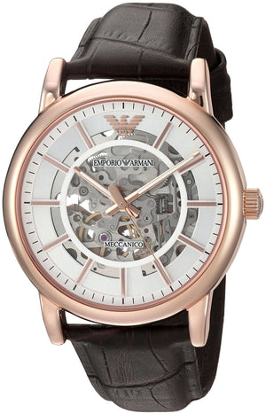 Emporio Armani Meccanico Silver Skeleton Dial Brown Leather Strap Watch For Men - AR1983 Buy Now By Emporio Armani