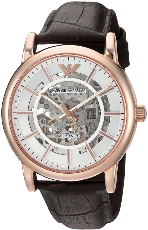 Emporio Armani Meccanico Silver Skeleton Dial Brown Leather Strap Watch For Men - AR1983 Buy Now By Emporio Armani
